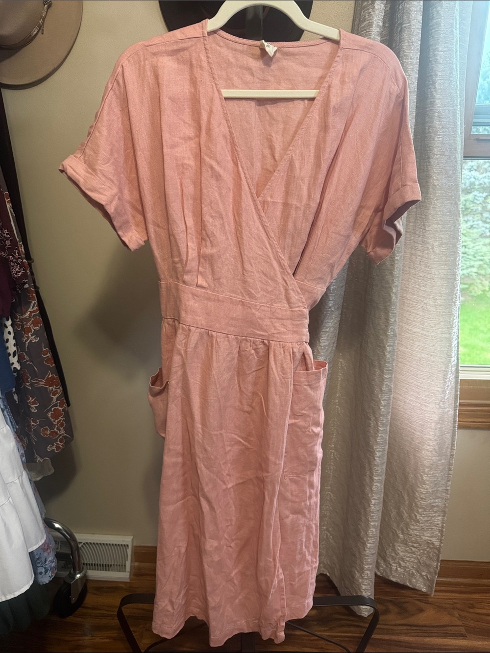 Women's Dusty Pink Wrap-Style Midi Dress with Pockets